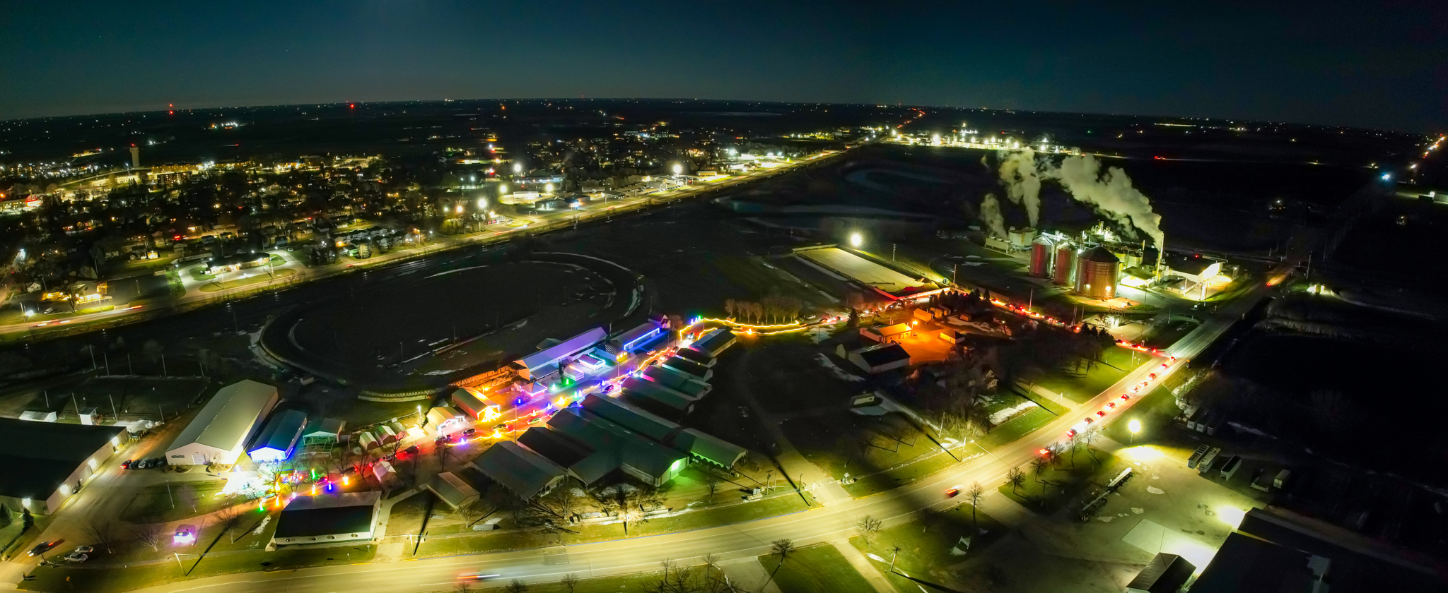 Arial Panoramic view of lights on the prairie